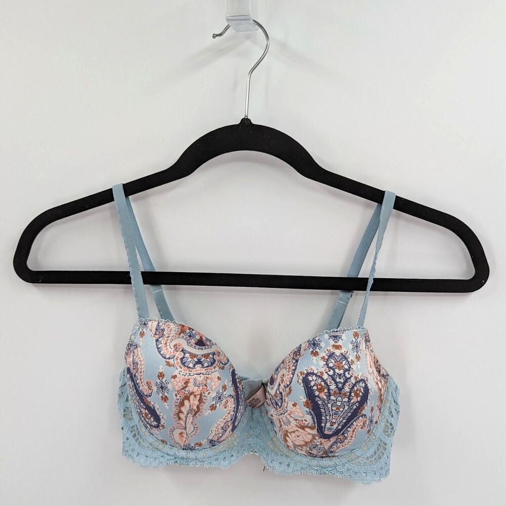 Victoria's Secret Bra Women's 32C Blue Paisley Lace Lined Demi Dream Angels